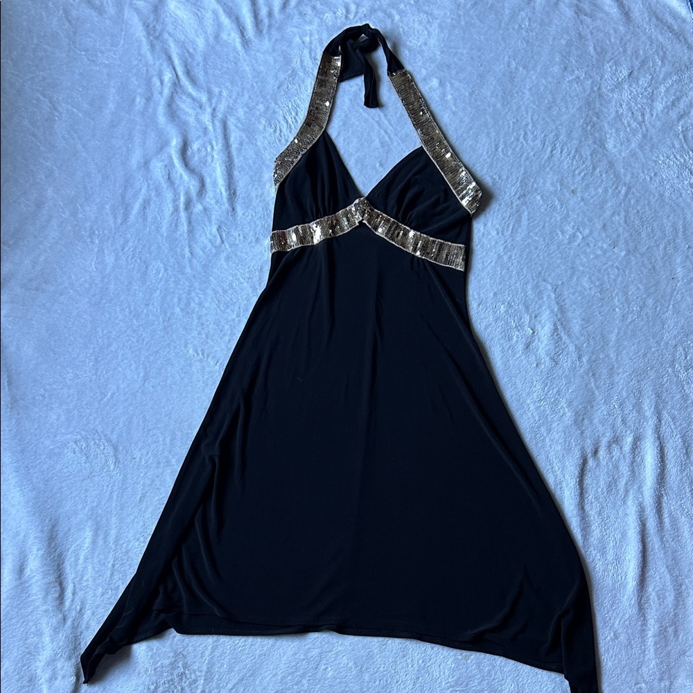 Elegant Black Halter Dress with Silver Accents